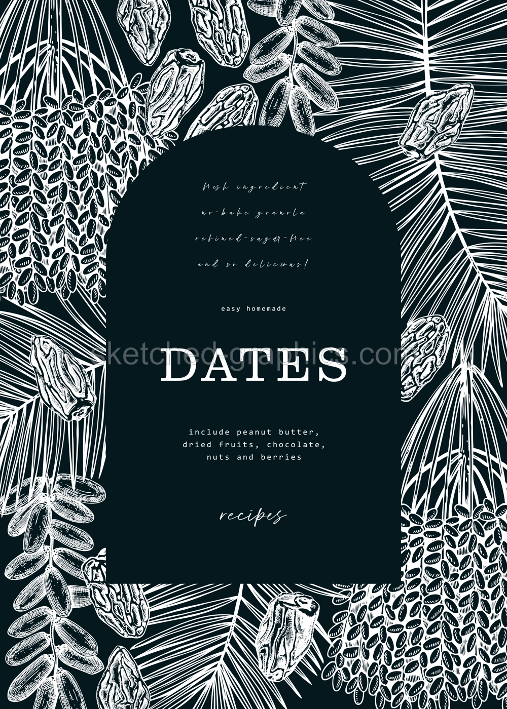 Sketched frame design with date palm leaves and dried fruits illustrations on chalkboard. Hand drawn vegan food ingredients sketches vector background.  Illustration